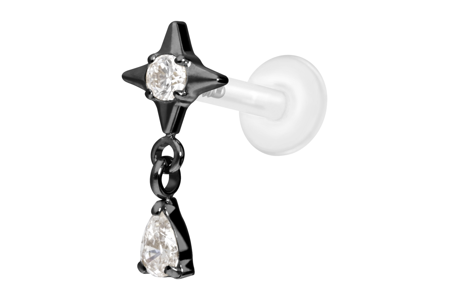 PTFE Labret Piercing mit Innengewinde + Titan-Aufsatz STERN + KRISTALLTROPFEN